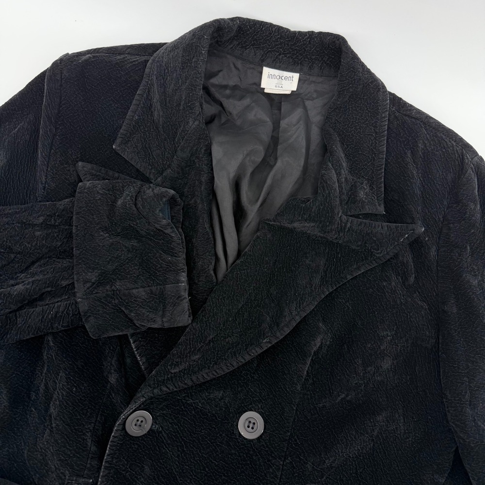 Innocent Jacket Womens M Black Textured Rayon Double Breasted Tie Waist Vintage